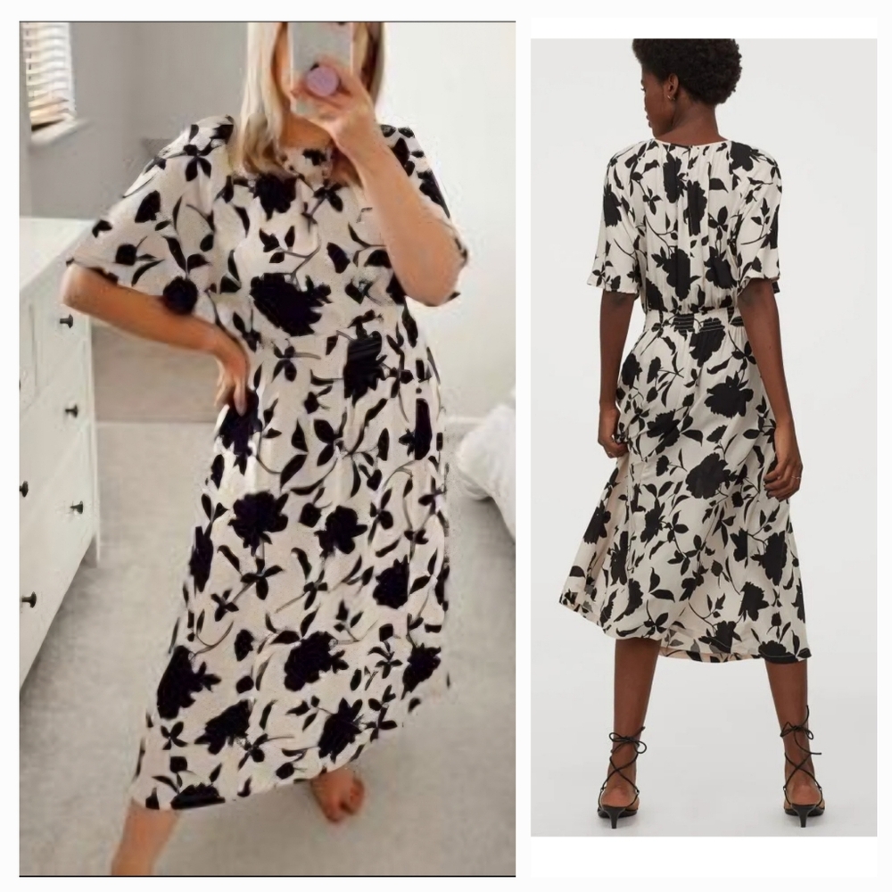H&M Cream And Black Floral Midi Short Flared Dolman Sleeve Dress Medium M EUC